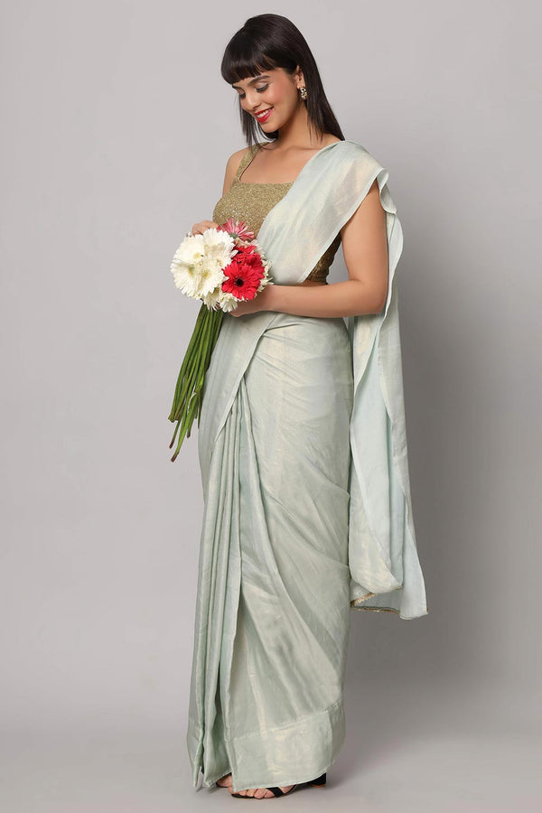 Meera Sea Blue & Gold Shimmer Georgette One Minute Saree