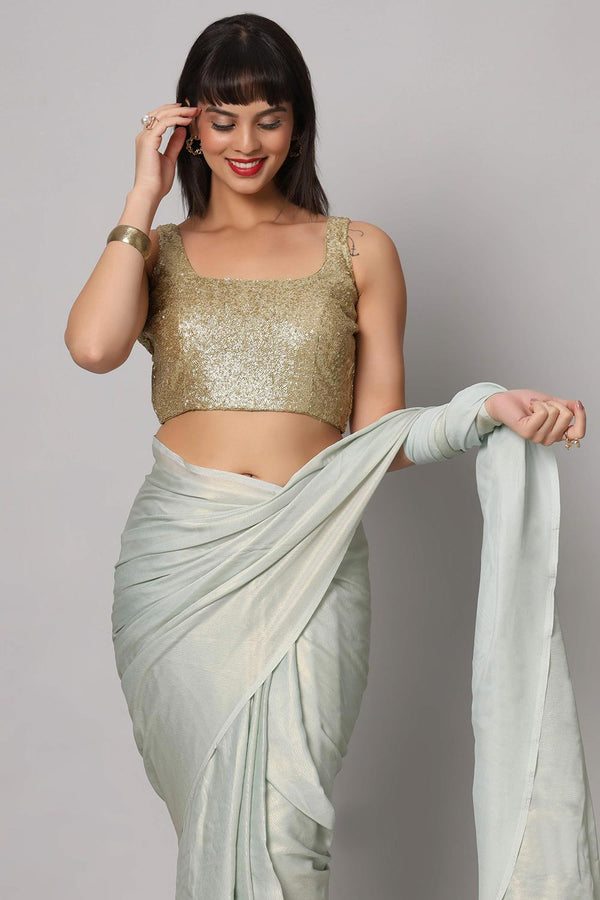 Meera Sea Blue & Gold Shimmer Georgette One Minute Saree