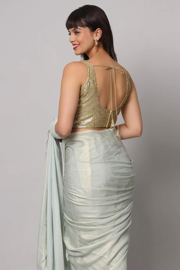 Meera Sea Blue & Gold Shimmer Georgette One Minute Saree