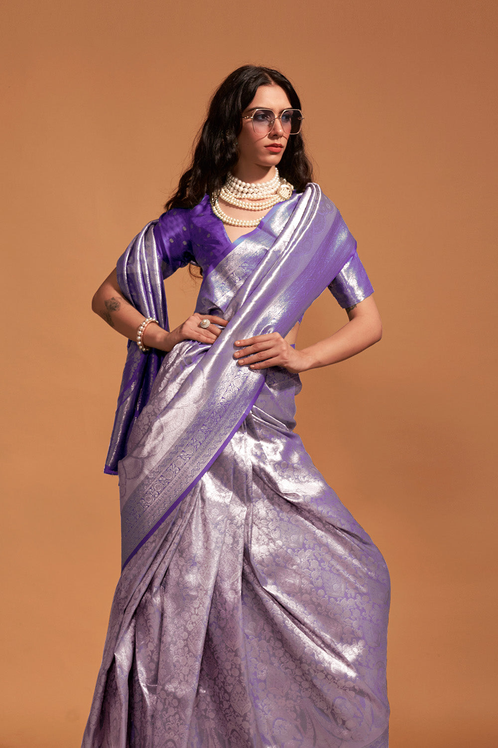 Jeana Purple Silk Handwoven Kanjivaram One Minute Saree