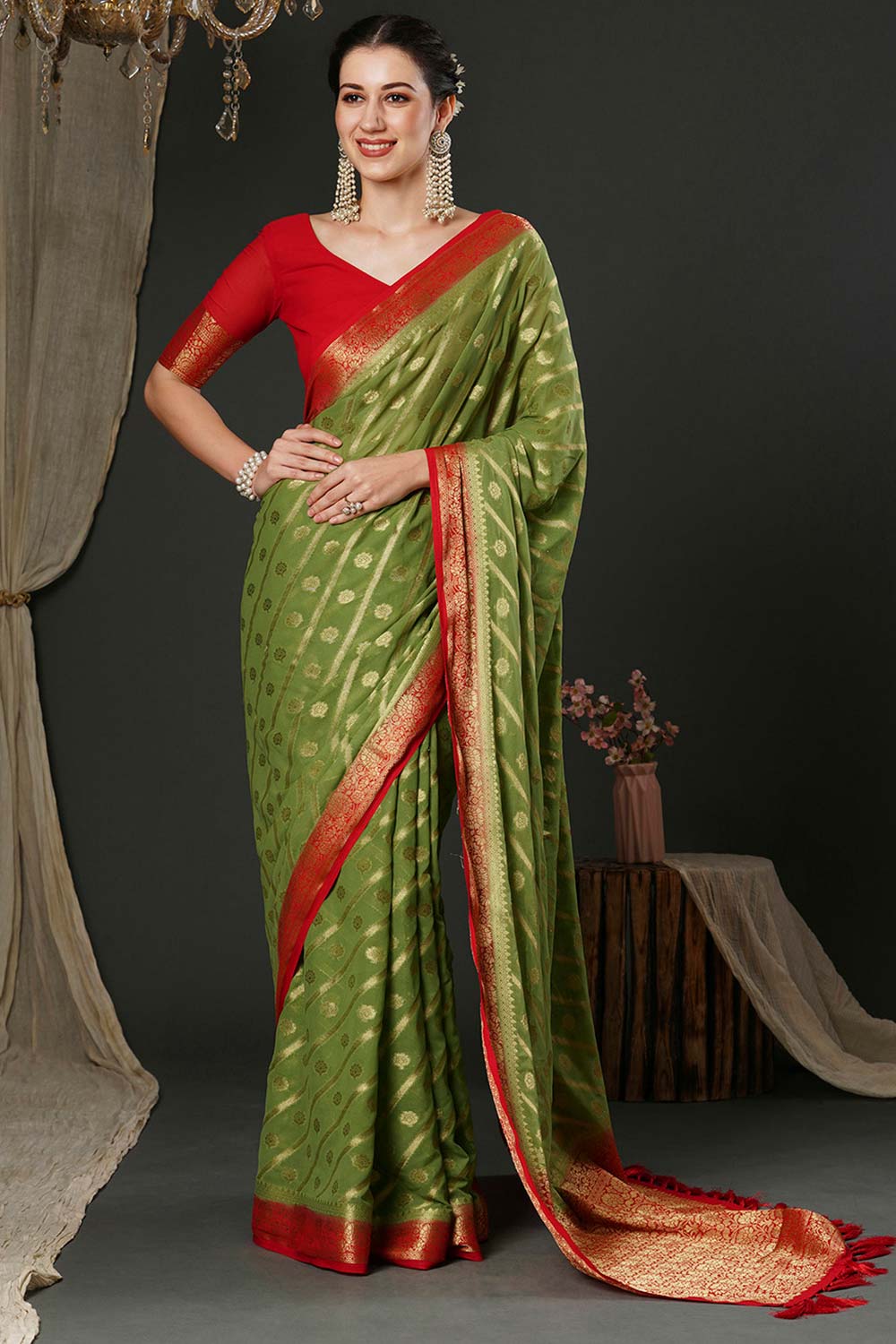 Alekha Olive Green & Red Georgette Printed One Minute Saree