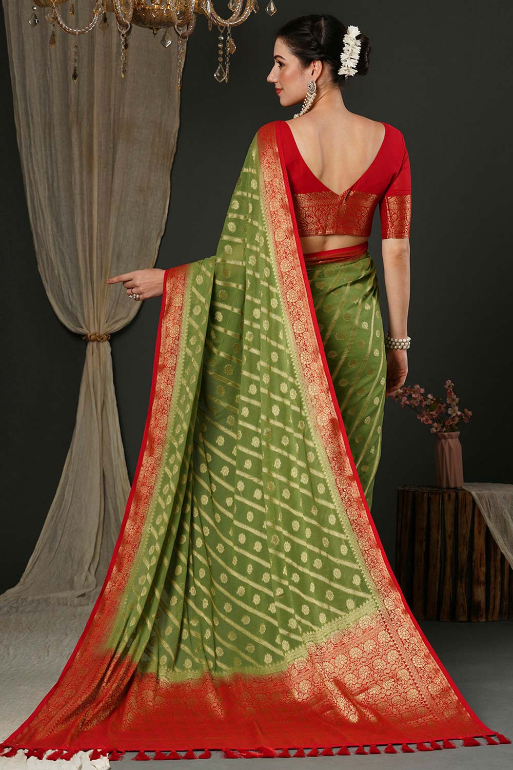 Alekha Olive Green & Red Georgette Printed One Minute Saree