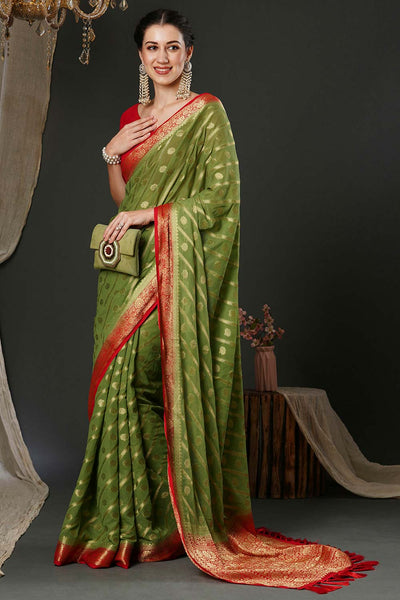 Alekha Olive Green & Red Georgette Printed One Minute Saree