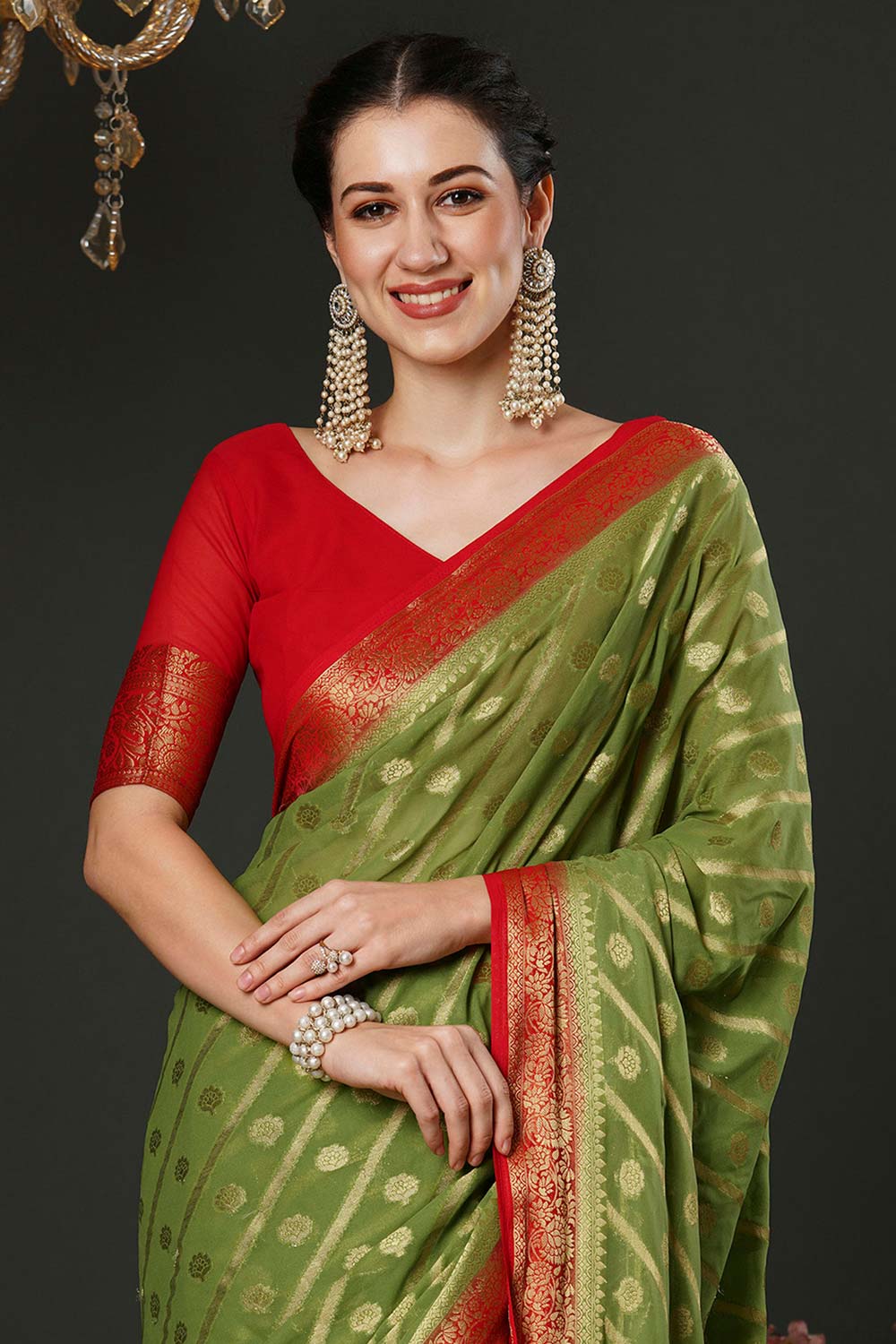 Alekha Olive Green & Red Georgette Printed One Minute Saree