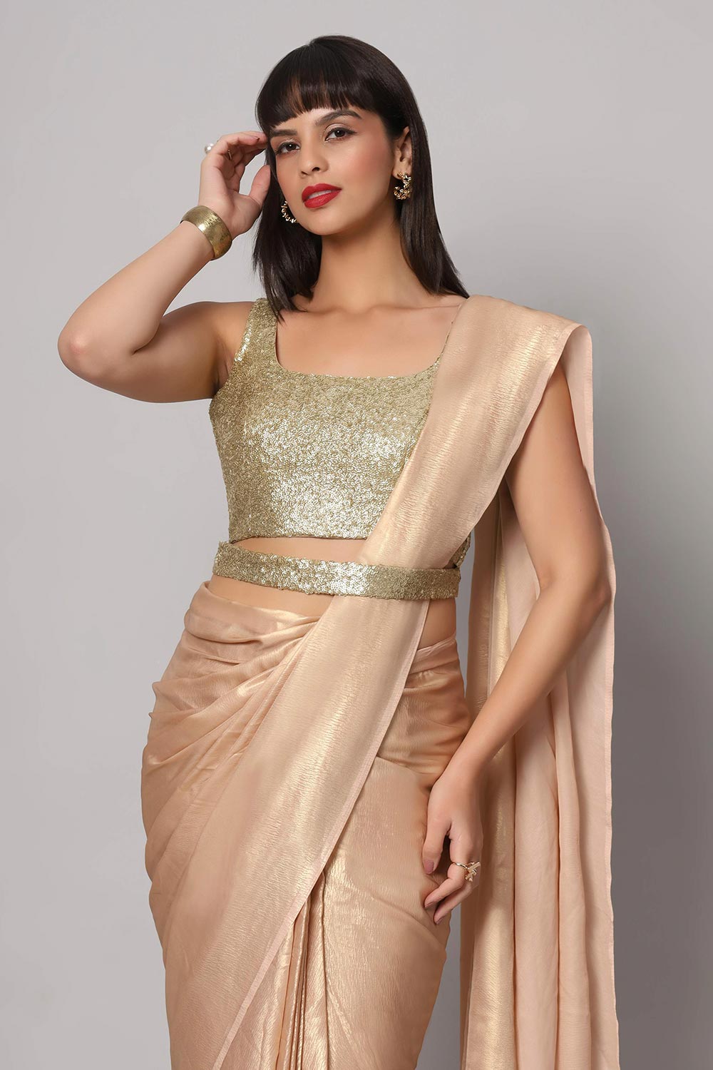 Meera Peach & Gold Shimmer Georgette One Minute Saree