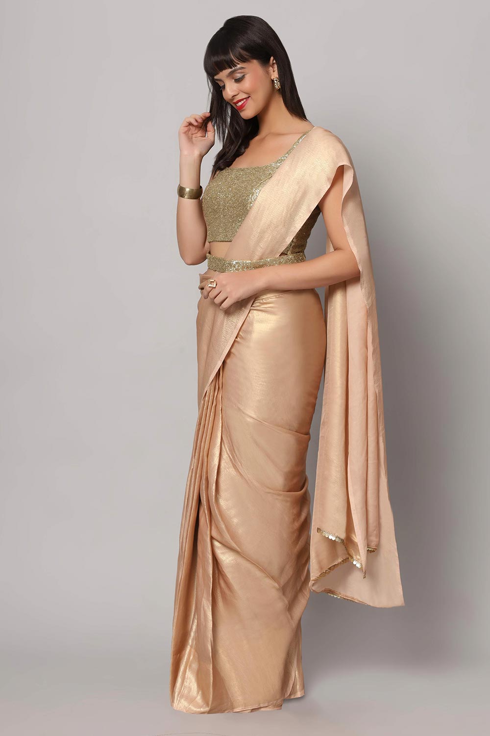 Meera Peach & Gold Shimmer Crepe One Minute Saree