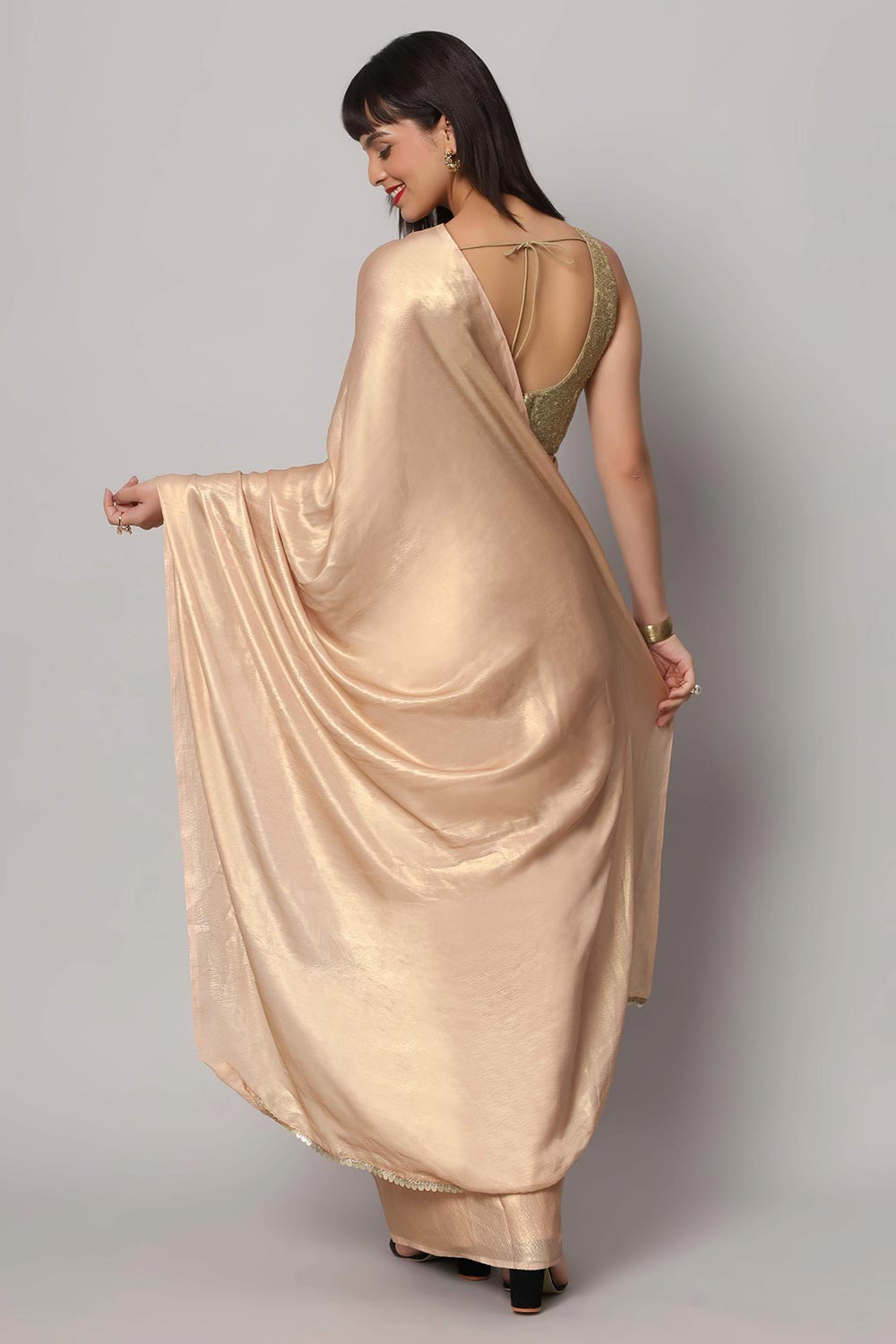 Meera Peach & Gold Shimmer Crepe One Minute Saree