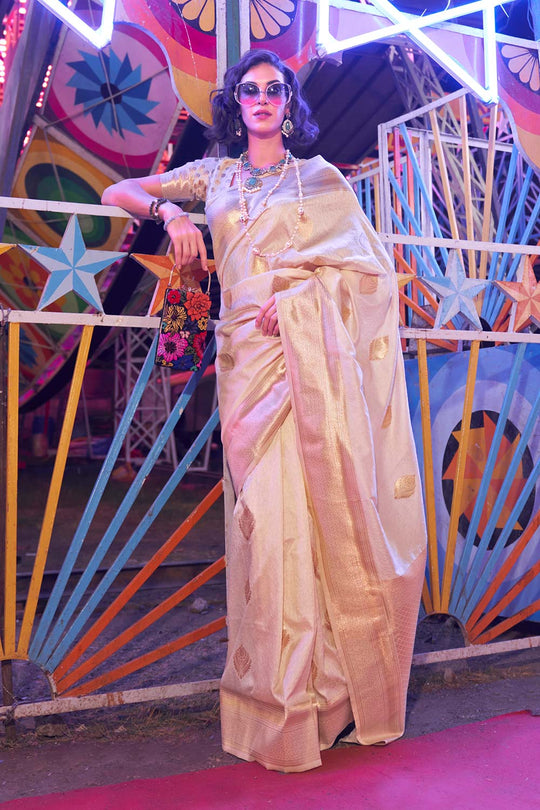 Cassie Cream Gold Handloom Weaving Silk Ready to Wear Saree