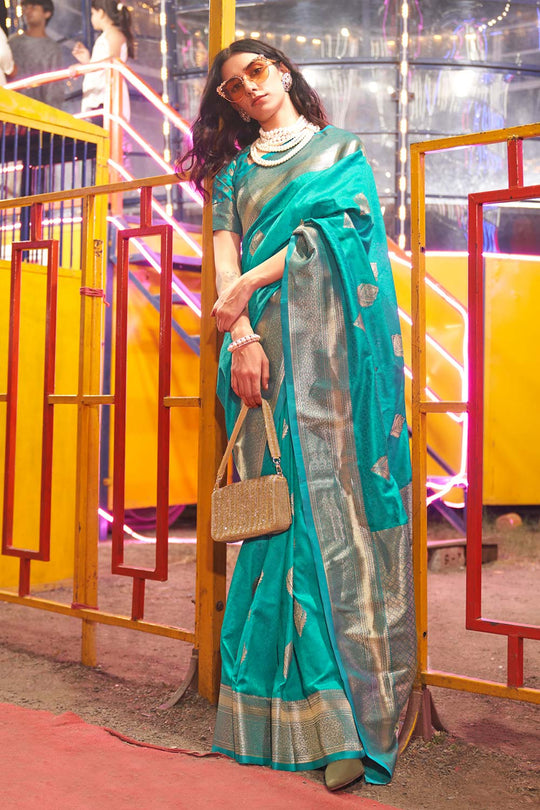 Cassie Turquoise Blue Handloom Weaving Silk Ready to Wear Saree