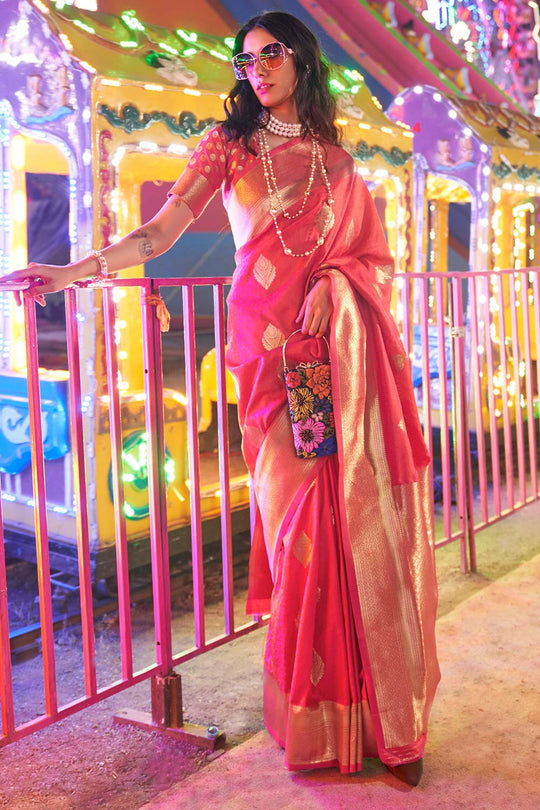 Cassie Coral Pink Handloom Weaving Silk Ready to Wear Saree