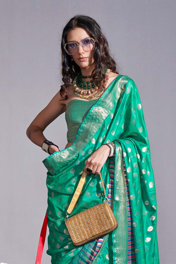 Kesha Green Kanoi Silk Foil Print Floral One Minute Saree