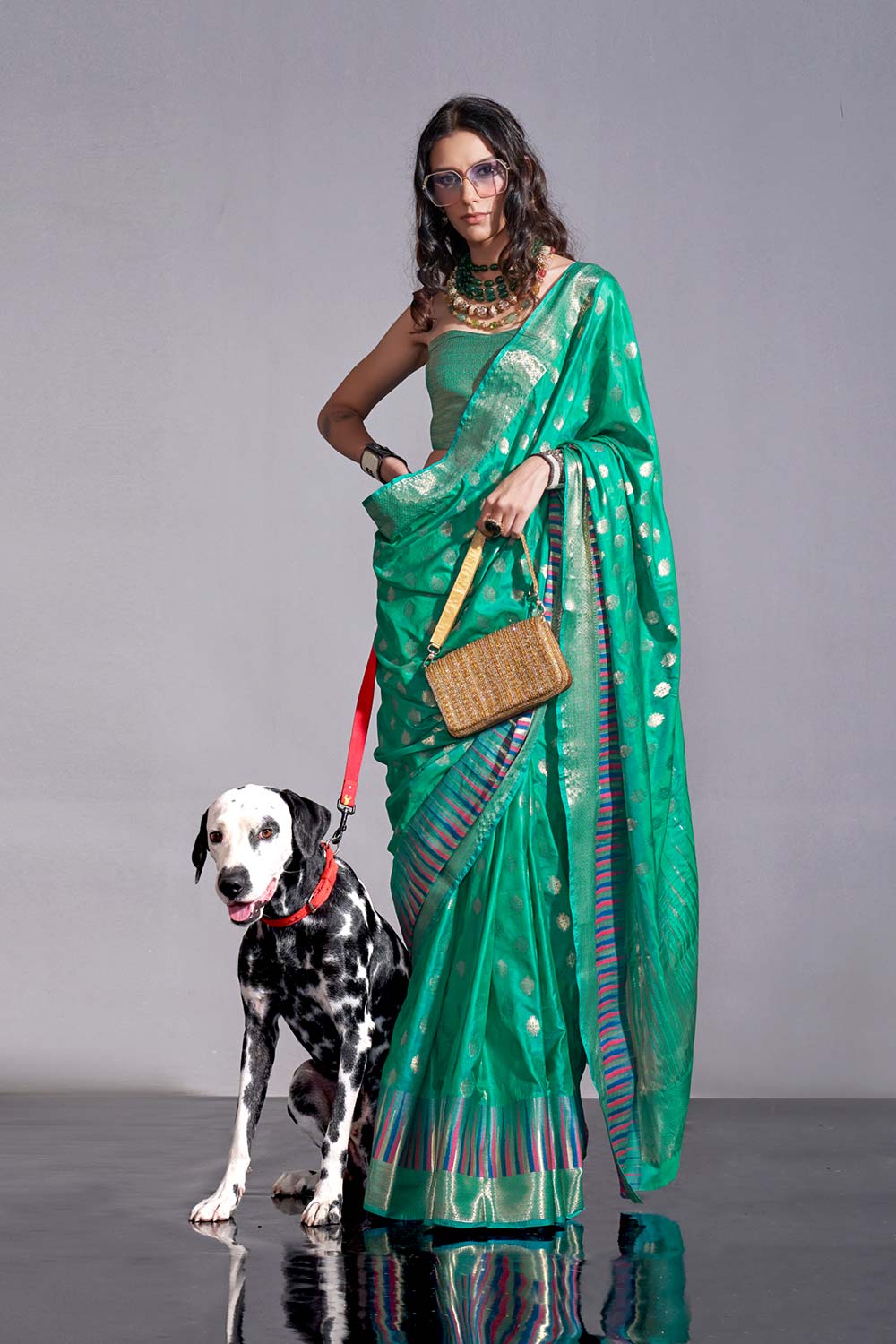 Kesha Green Kanoi Silk Foil Print Floral One Minute Saree