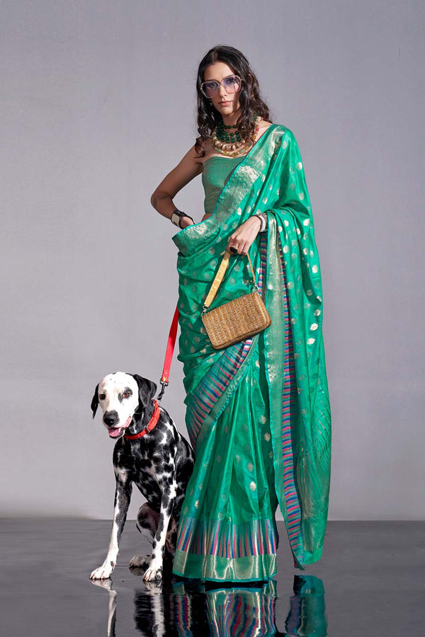 Kesha Green Kanoi Silk Foil Print Floral One Minute Saree