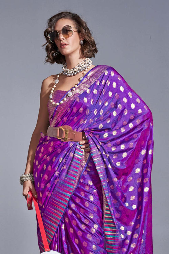 Letia Purple Kanoi Silk Foil Print Stripe One Minute Saree
