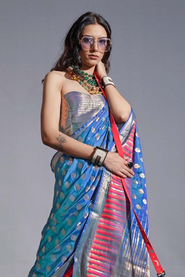 Tress Navy Blue Kanoi Silk Foil Print Stripe One Minute Saree