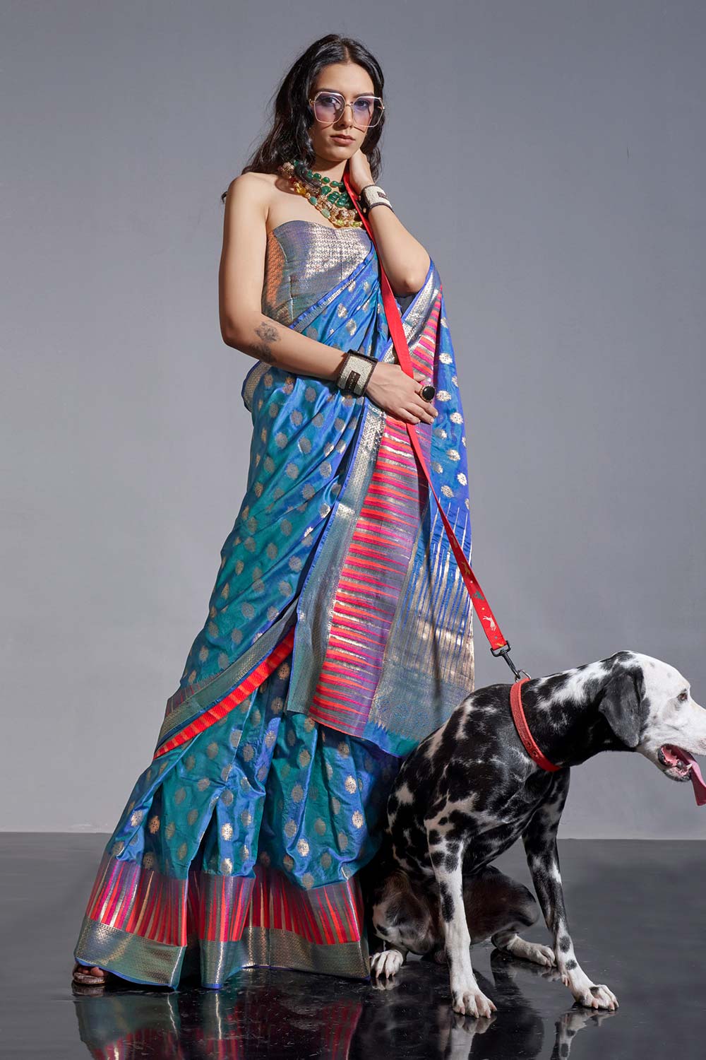 Tress Navy Blue Kanoi Silk Foil Print Stripe One Minute Saree
