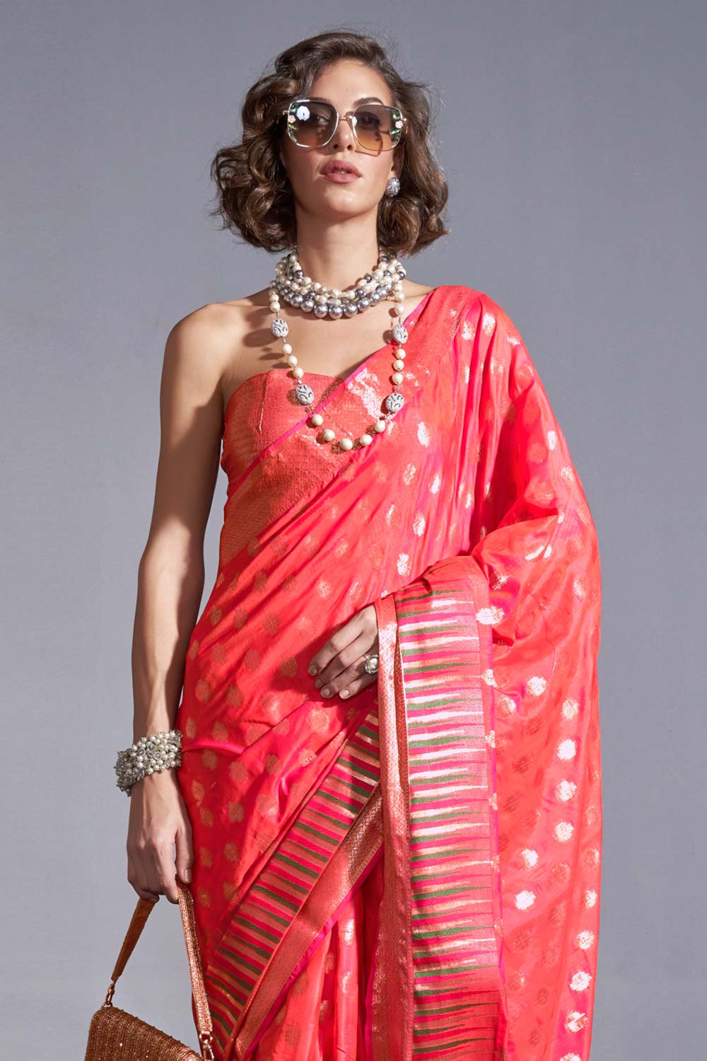 Kayna Coral Kanoi Silk Foil Print Stripe One Minute Saree