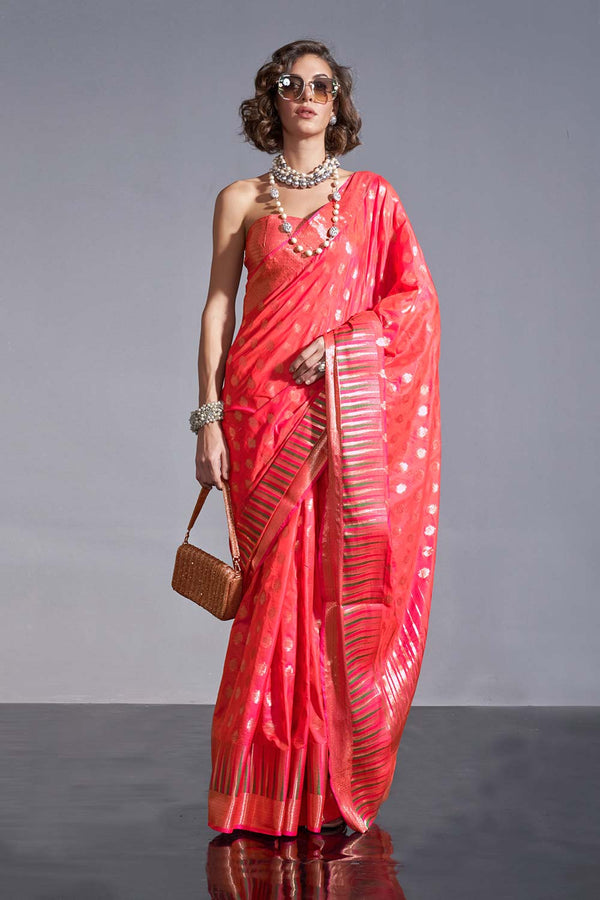 Kayna Coral Kanoi Silk Foil Print Stripe One Minute Saree