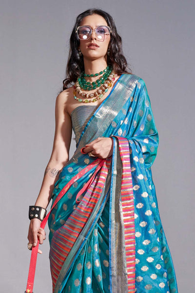Nadya Teal Kanoi Silk Foil Print Stripe One Minute Saree