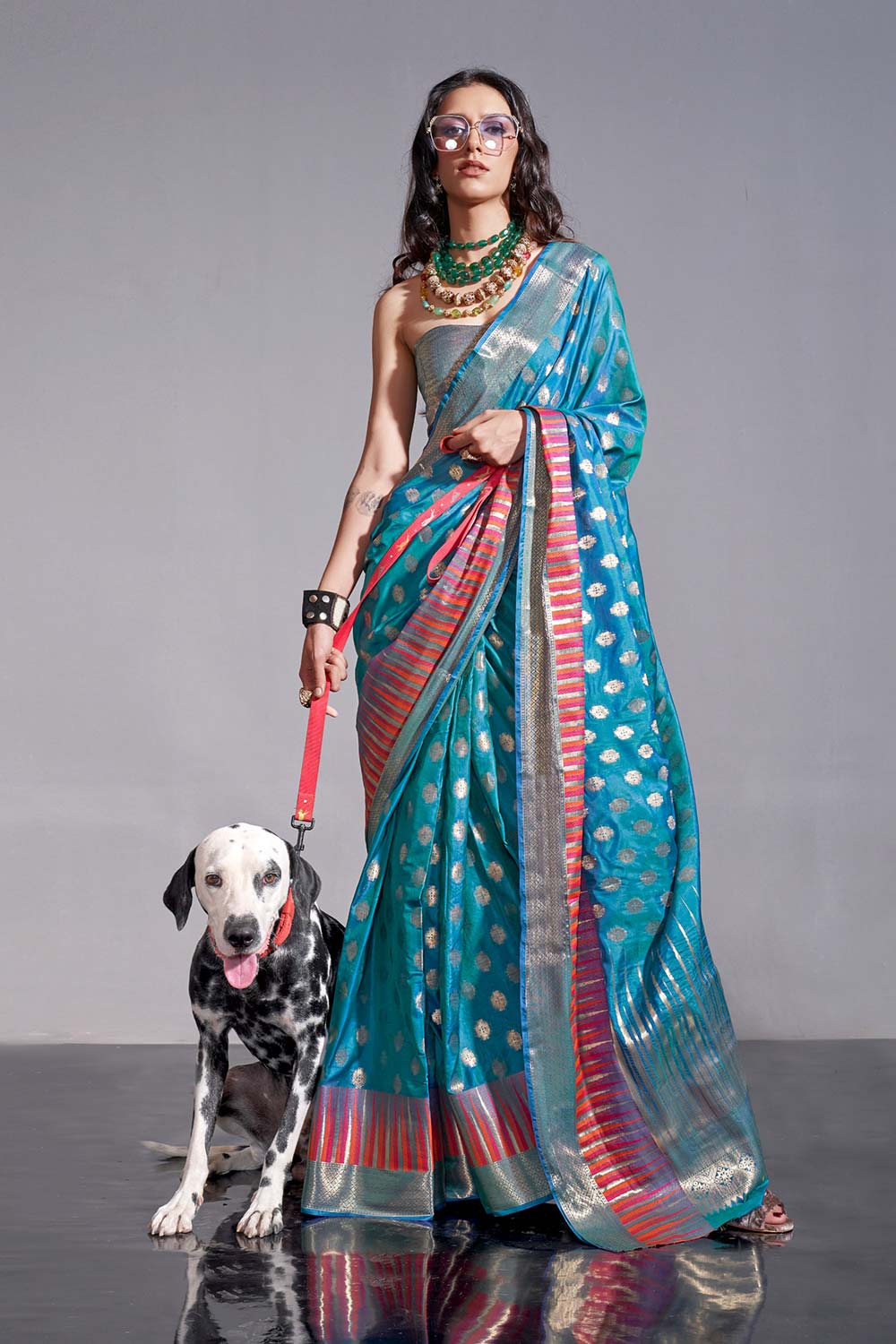 Nadya Teal Kanoi Silk Foil Print Stripe One Minute Saree