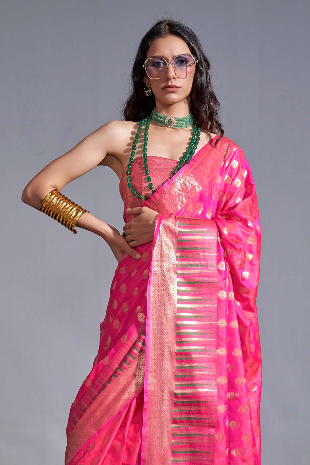 Cheri Pink Kanoi Silk Foil Print Stripe One Minute Saree