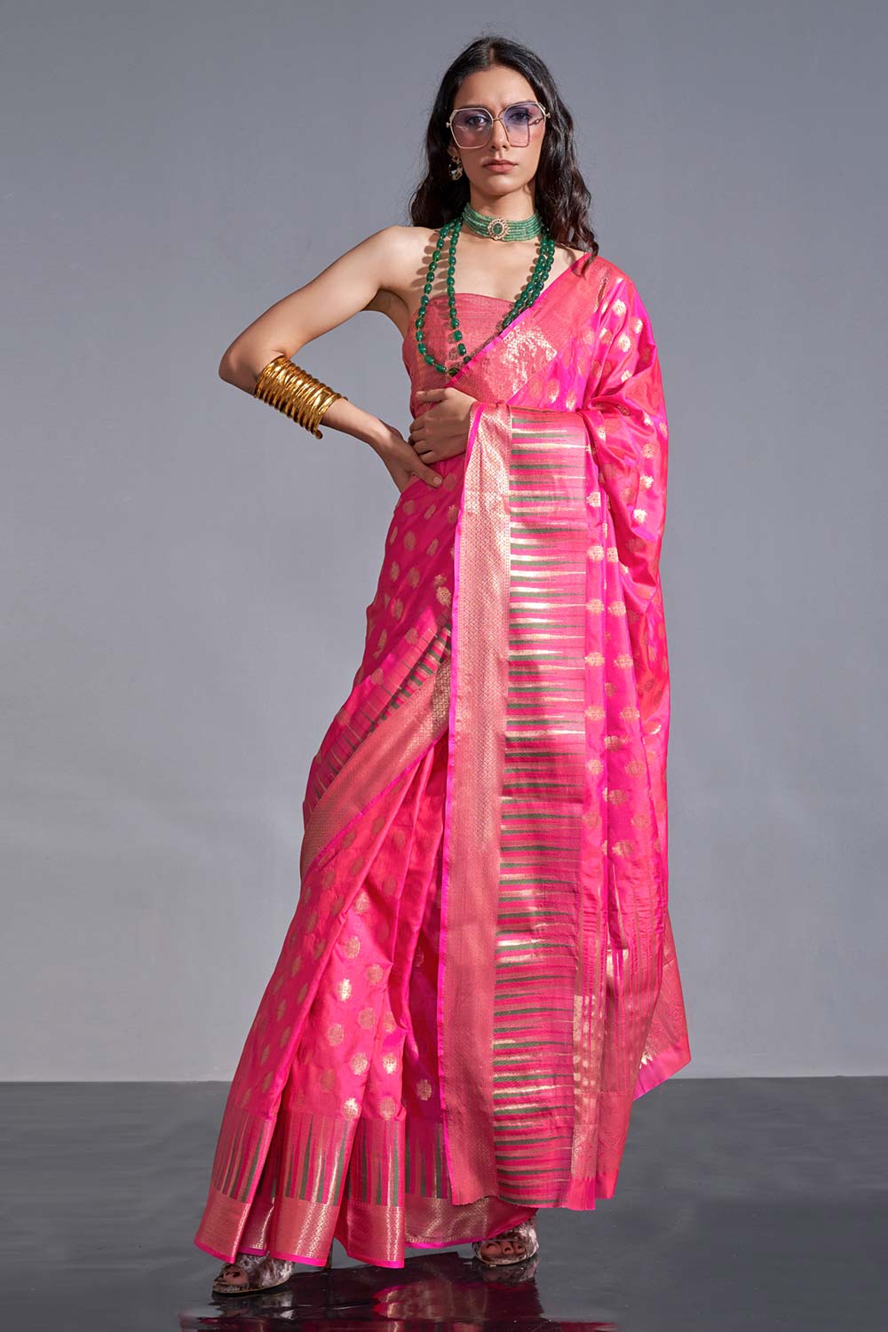 Cheri Pink Kanoi Silk Foil Print Stripe One Minute Saree