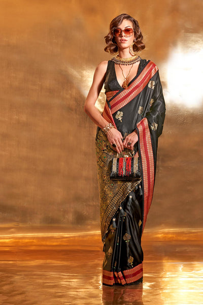 Natasha Black Pure Satin Foil Print One Minute Saree