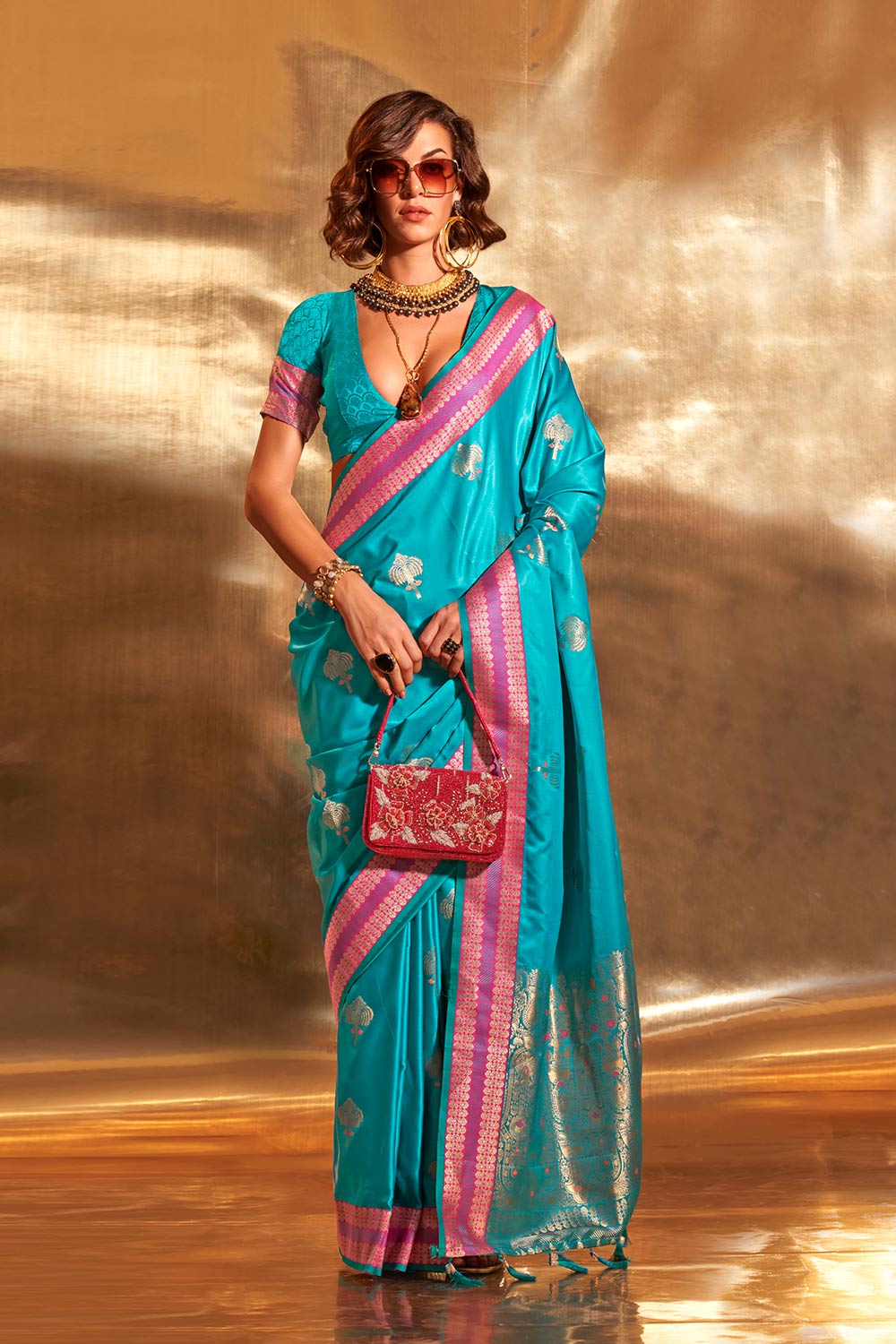 Myra turquoise pure satin traditional one minute saree online one