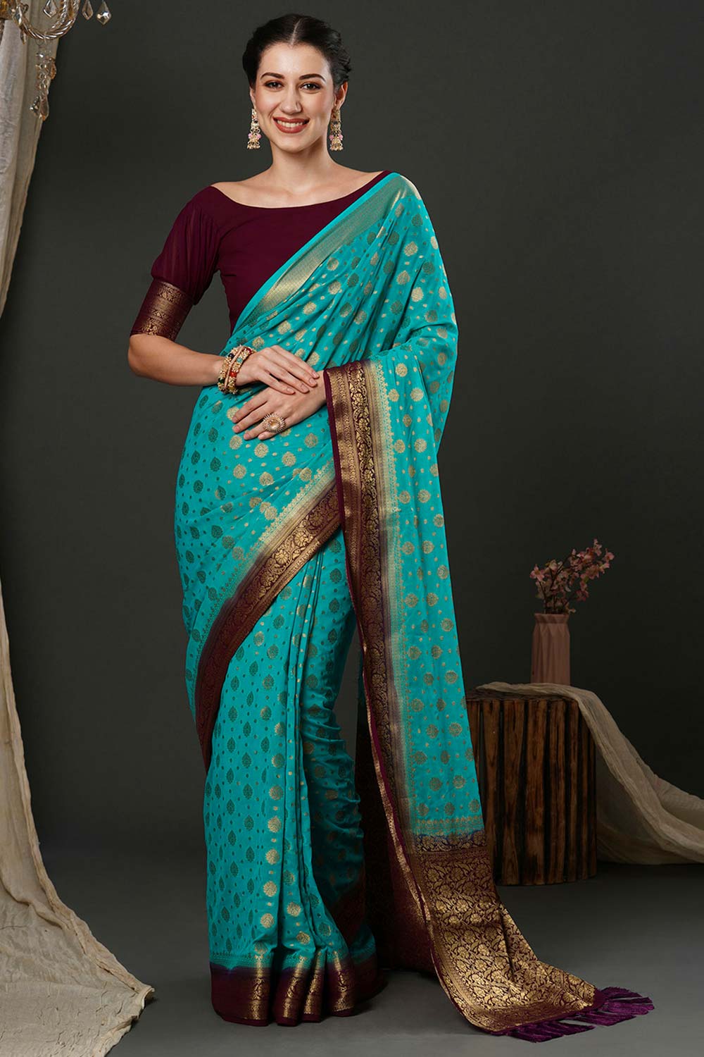 Alekha Turquoise & Maroon Georgette Printed One Minute Saree