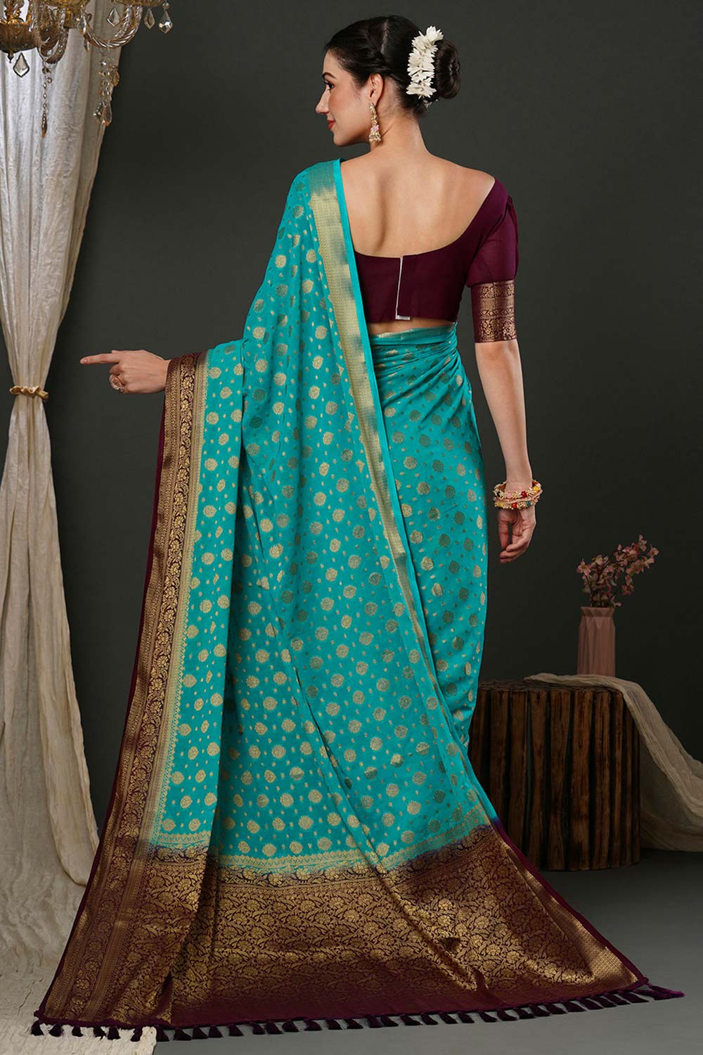 Alekha Turquoise & Maroon Georgette Printed One Minute Saree