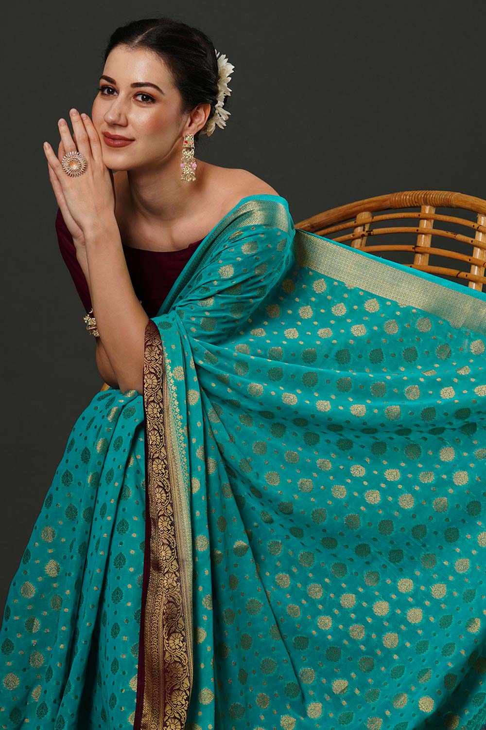 Alekha Turquoise & Maroon Georgette Printed One Minute Saree