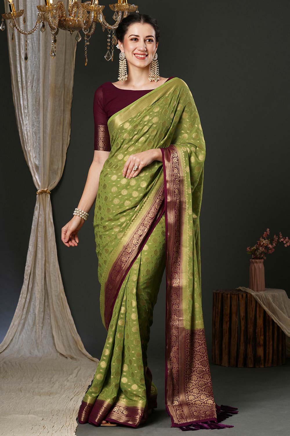 Alekha Green & Maroon Georgette Printed One Minute Saree