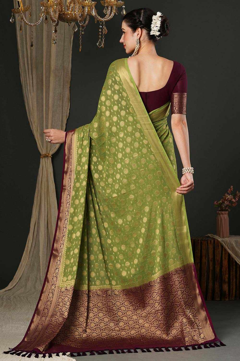 Alekha Green & Maroon Georgette Printed One Minute Saree