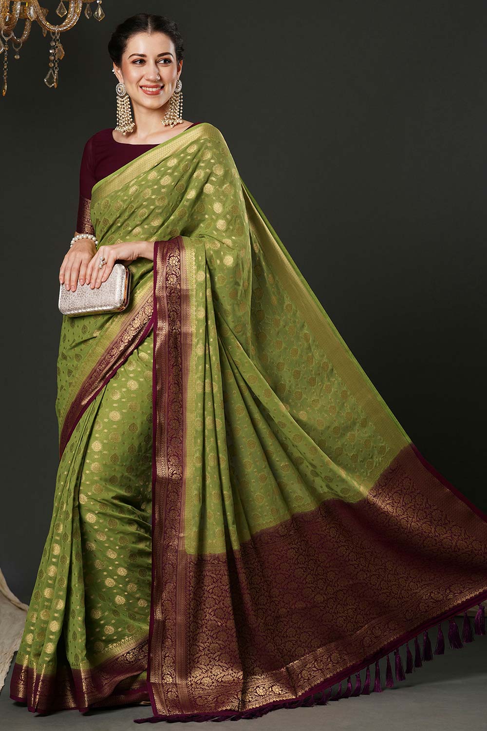 Alekha Green & Maroon Georgette Printed One Minute Saree