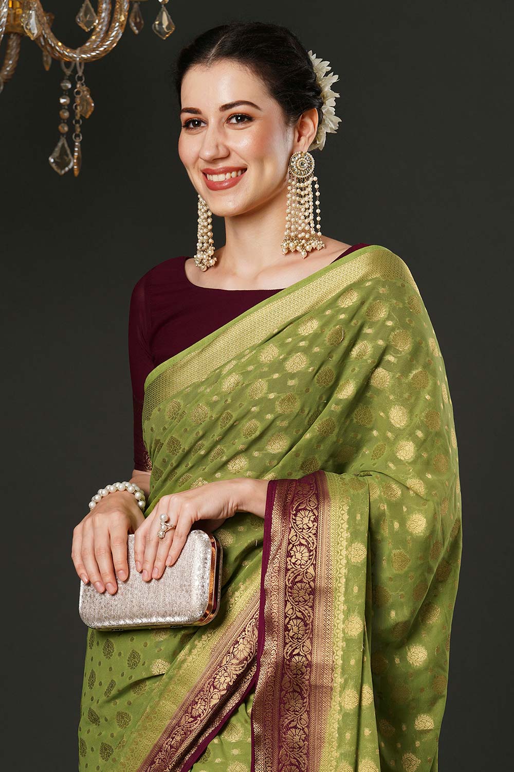 Alekha Green & Maroon Georgette Printed One Minute Saree