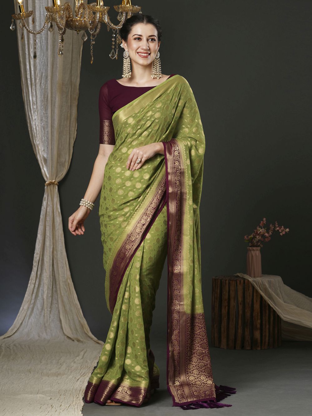 Alekha Green & Maroon Georgette Printed One Minute Saree