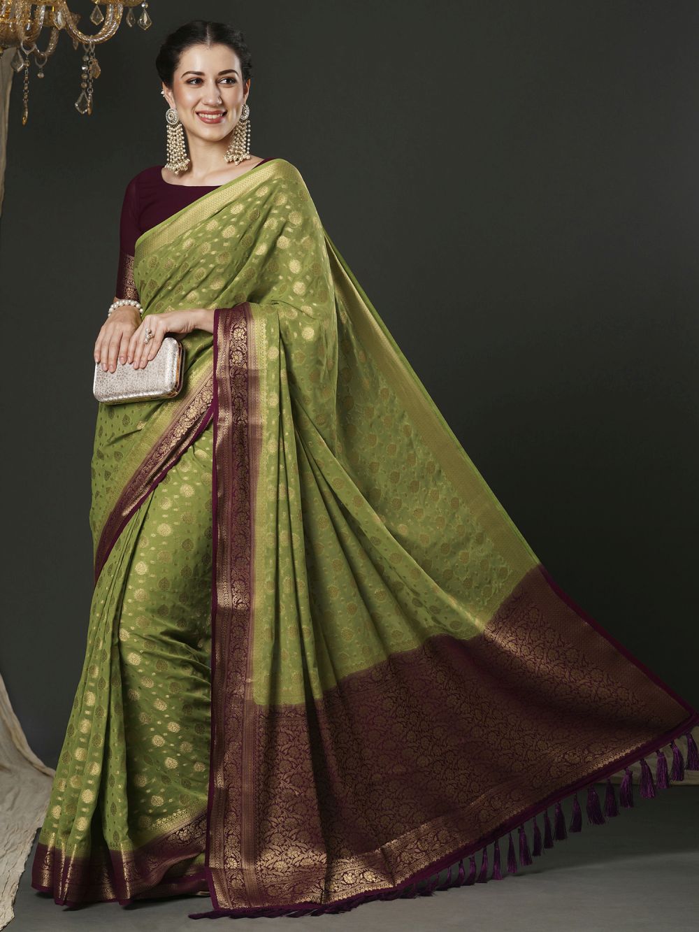 Alekha Green & Maroon Georgette Printed One Minute Saree