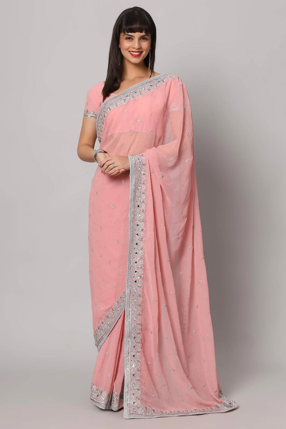 Aaliya Dusty Rose Silver Embroidered Mirror Work Ready to Ship One Minute Saree