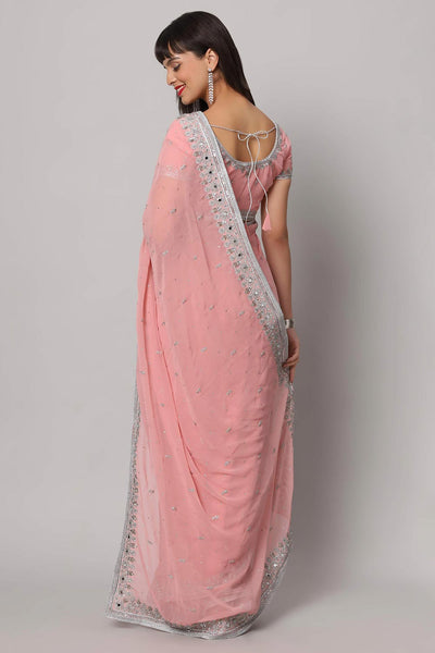 Aaliya Dusty Rose Silver Embroidered Mirror Work Ready to Ship One Minute Saree