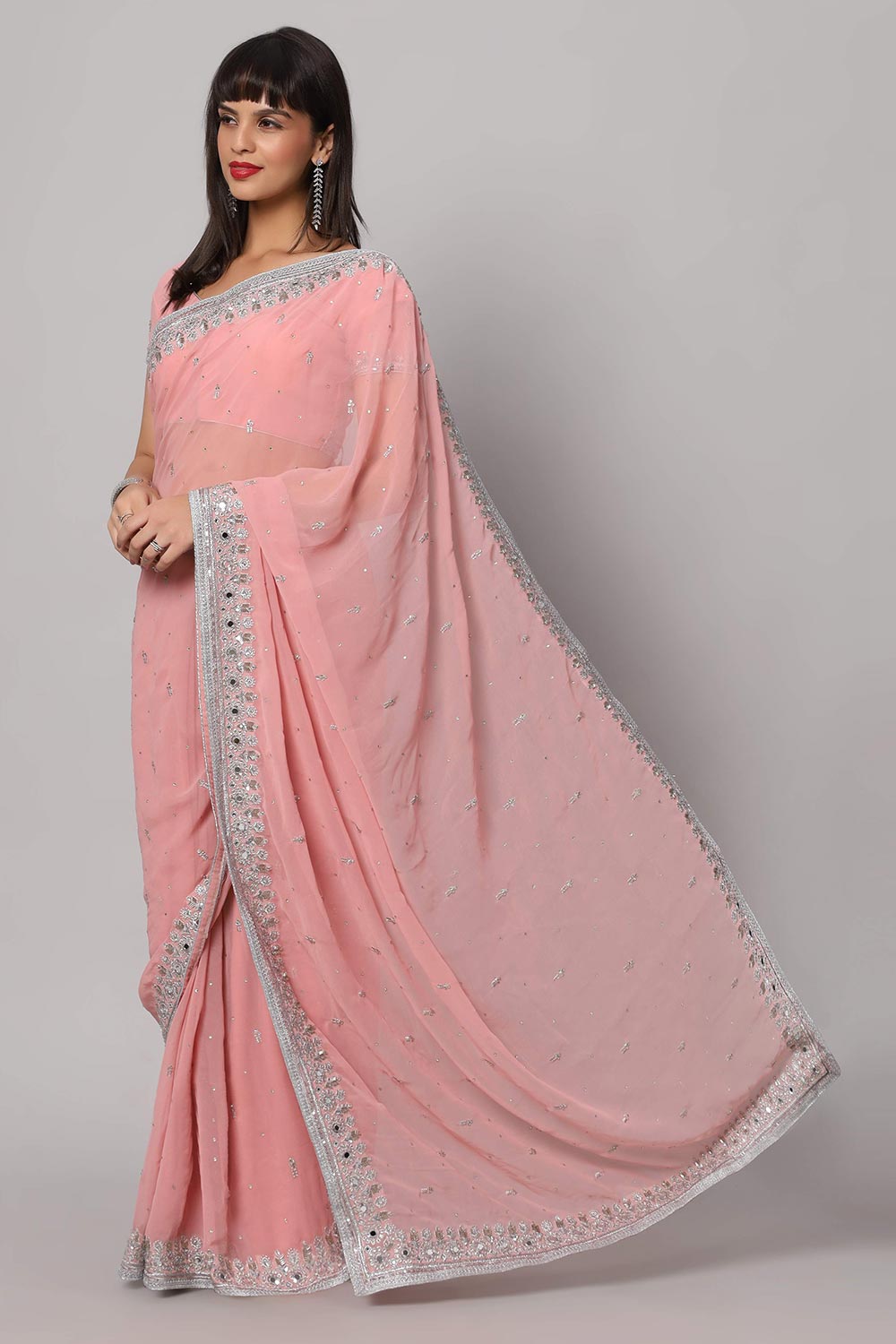 Aaliya Dusty Rose Silver Embroidered Mirror Work Ready2Ship One Minute Saree