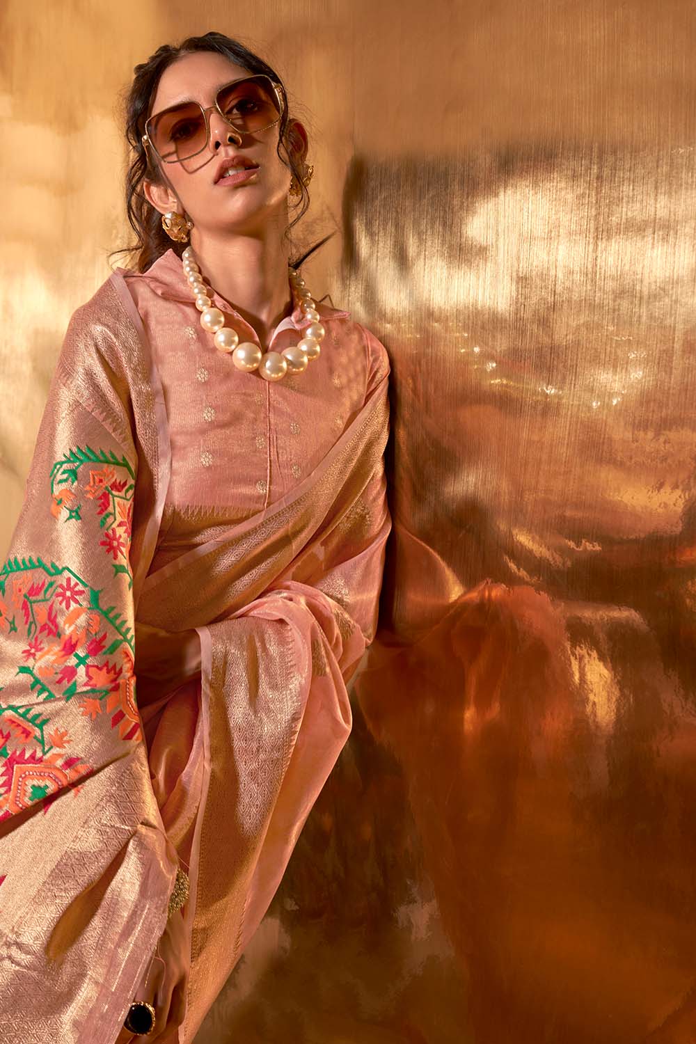 Anika Peach Zari Tissue One Minute Saree