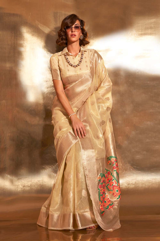 Anika Cream Zari Tissue One Minute Saree