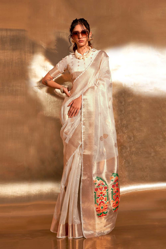 Anika White Paithani Zari Tissue One Minute Saree