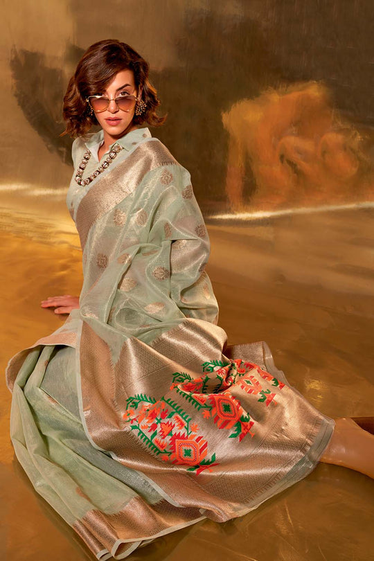 Anika Light Green Zari Tissue Ready to Wear One Minute Saree