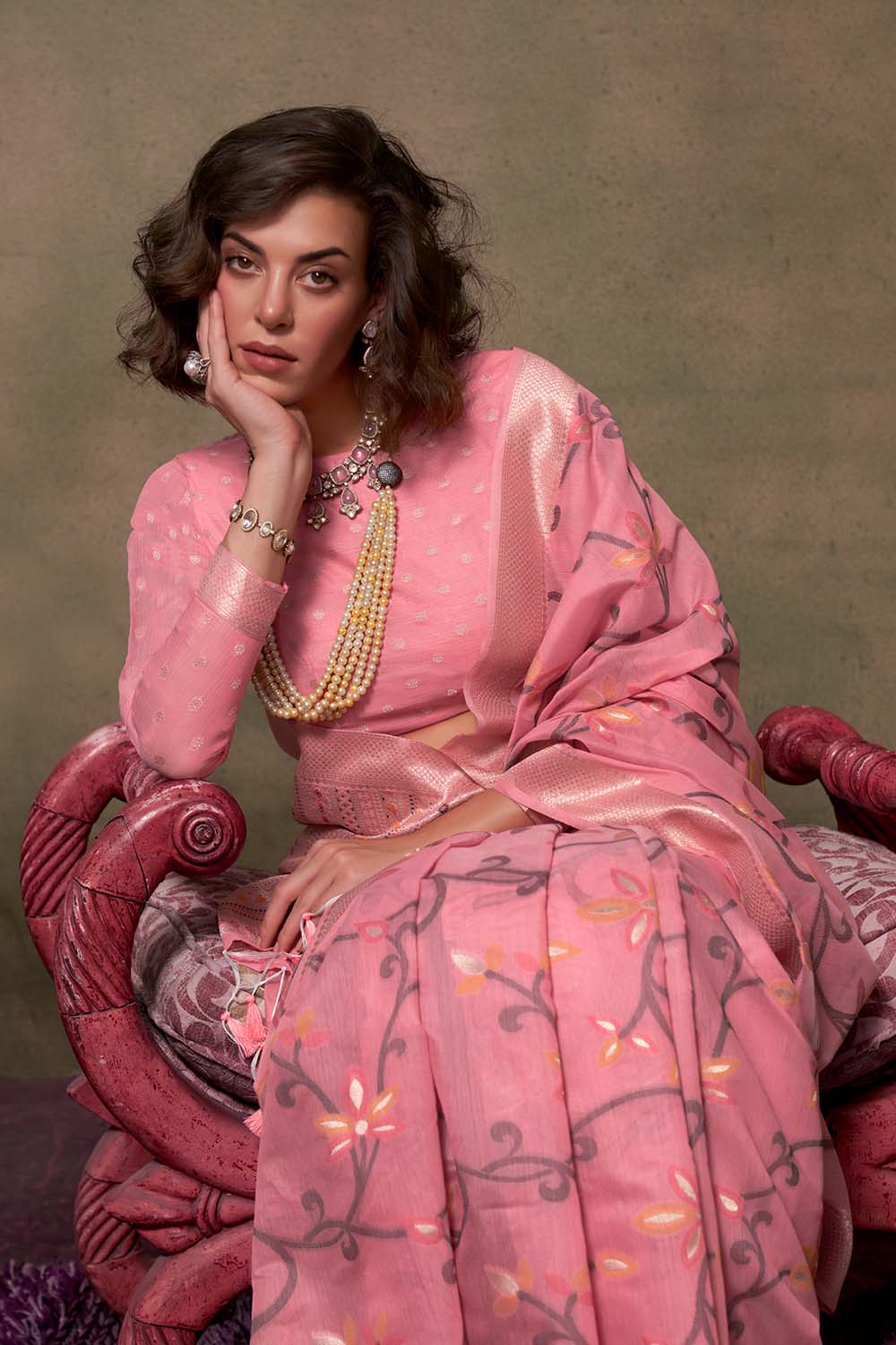 Kamiya Pink Handwoven Jamdami One Minute Saree