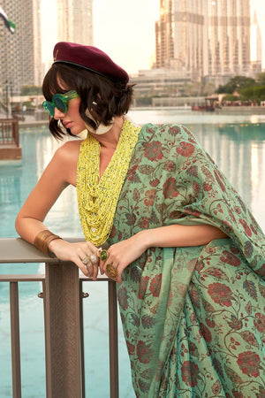 Ayesha Green Printed Zari Tissue One Minute Saree