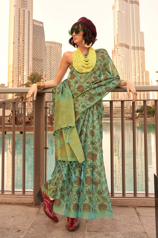 Ayesha Green Printed Zari Tissue One Minute Saree