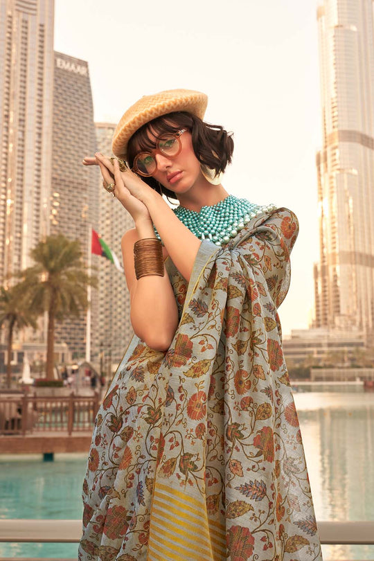 Ayesha Grey Printed Zari Tissue One Minute Saree