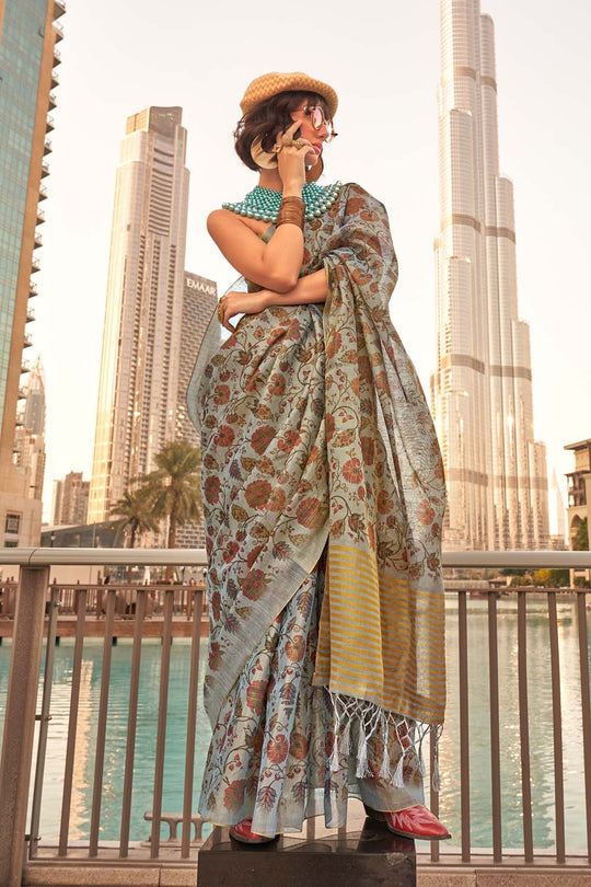 Ayesha Grey Printed Zari Tissue One Minute Saree