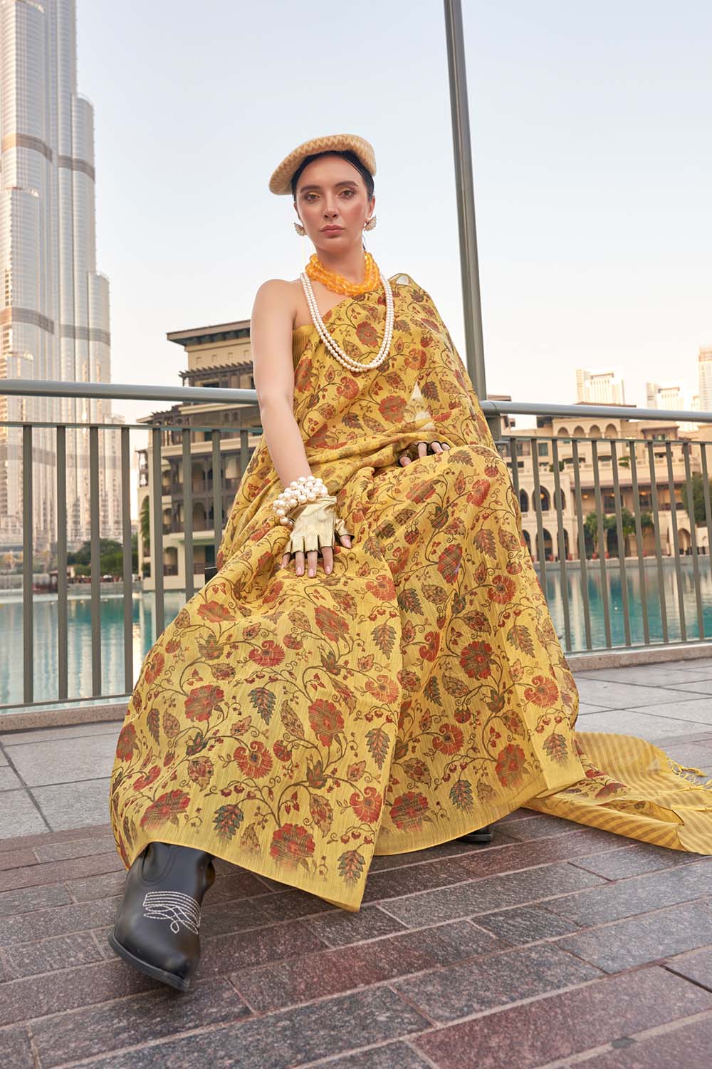 Ayesha Yellow Printed Zari Tissue One Minute Saree